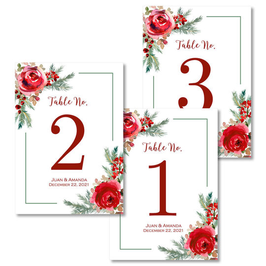 Corner Holiday Roses Table Number Cards